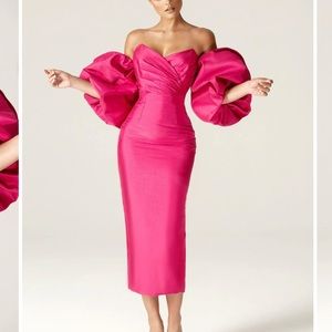 Alieva “ Tiffani Dupioni Silk Puff Sleeve Maxi Dress “ in Hot Pink